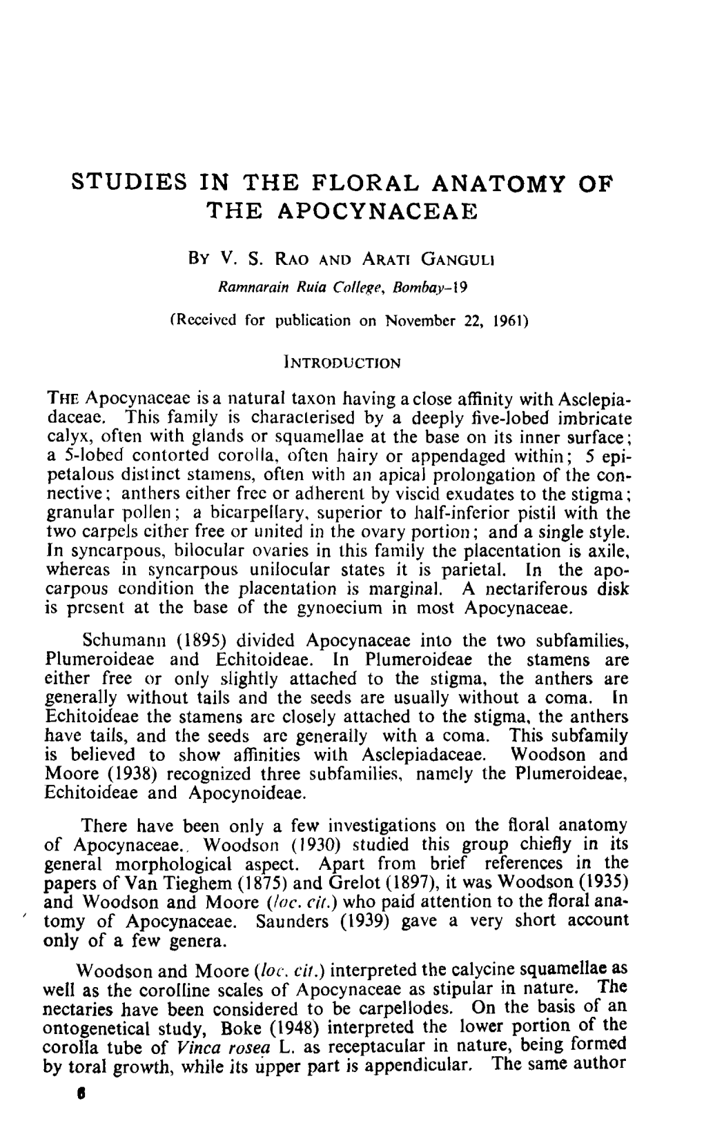 Studies in the Floral Anatomy of the Apocynaceae