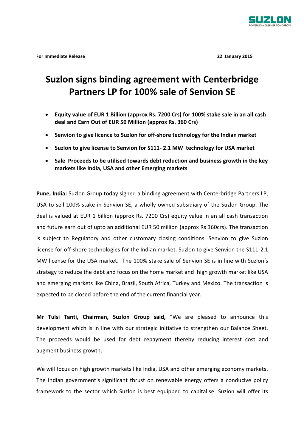 Suzlon Signs Binding Agreement with Centerbridge Partners LP for 100% Sale of Senvion SE