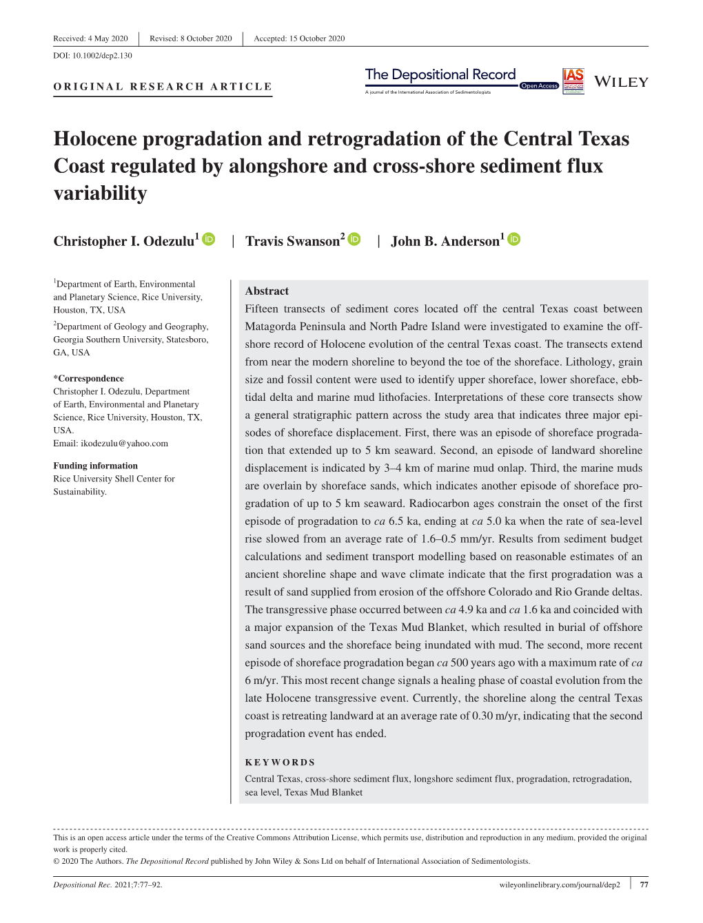 Holocene Progradation and Retrogradation of the Central Texas Coast Regulated by Alongshore and Cross-Shore Sediment Flux Variability