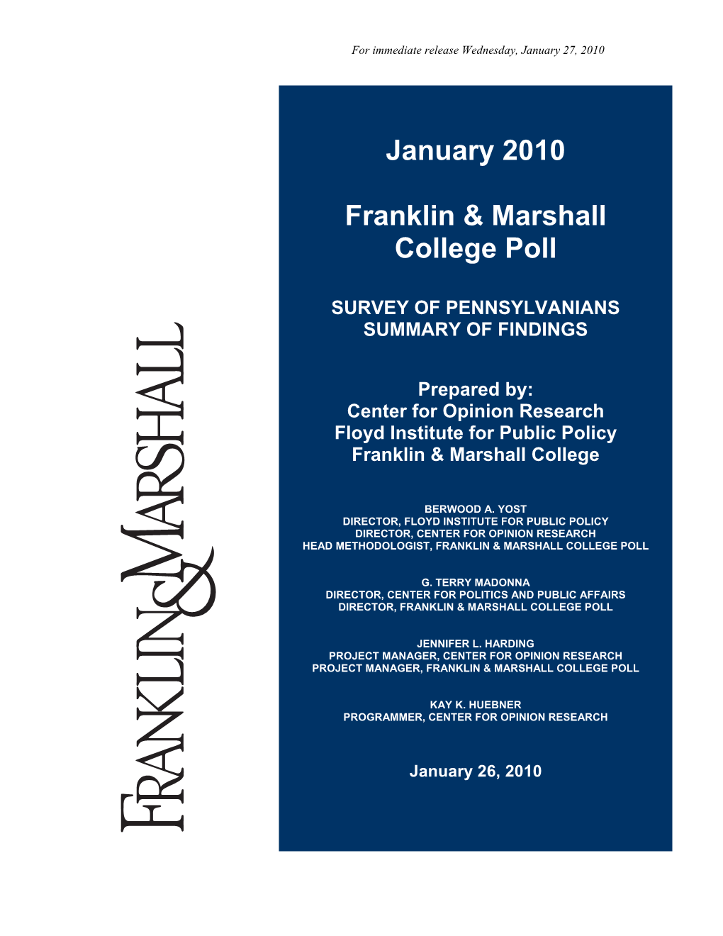 January 2010 Franklin & Marshall College Poll