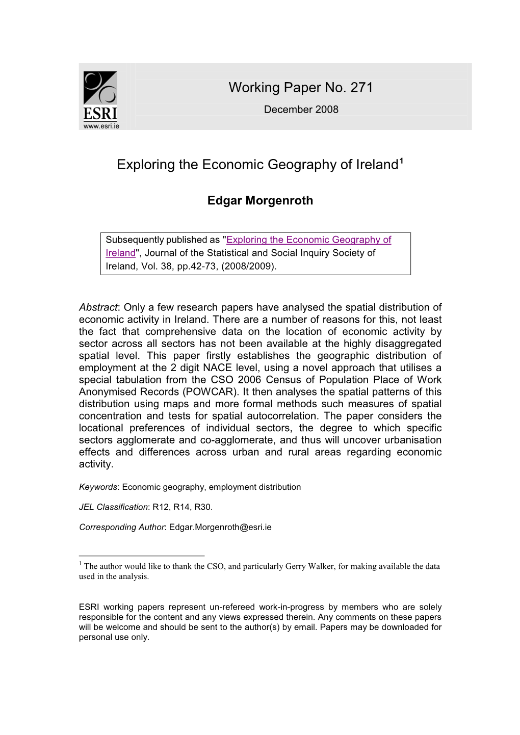 Exploring the Economic Geography of Ireland1