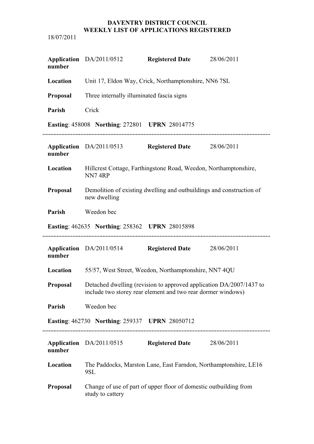 DAVENTRY DISTRICT COUNCIL WEEKLY LIST of APPLICATIONS REGISTERED 18/07/2011 Application Number DA/2011/0512 Registered Date 28/0