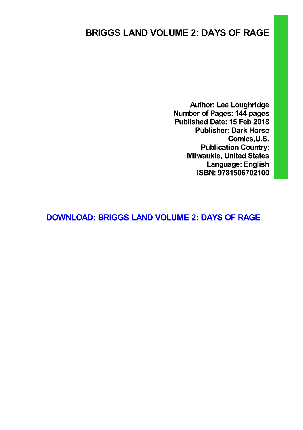 Briggs Land Volume 2: Days of Rage