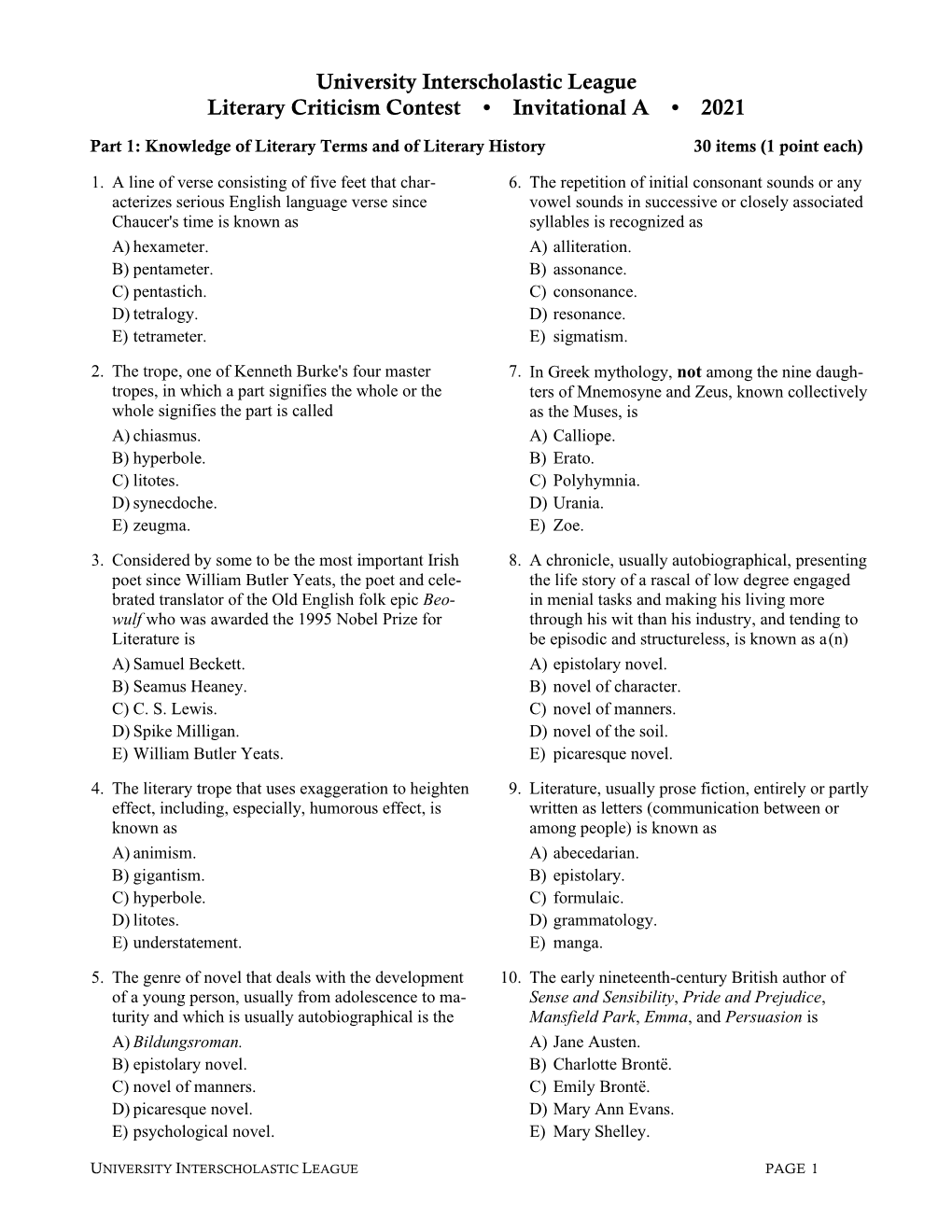 University Interscholastic League Literary Criticism Contest • Invitational a • 2021