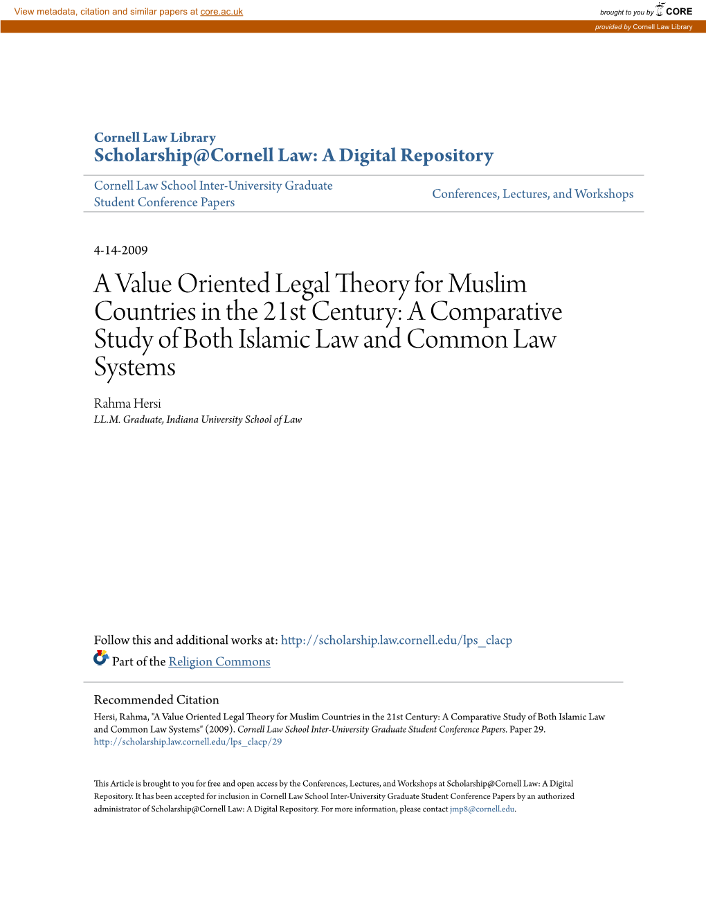 A Comparative Study of Both Islamic Law and Common Law Systems Rahma Hersi LL.M