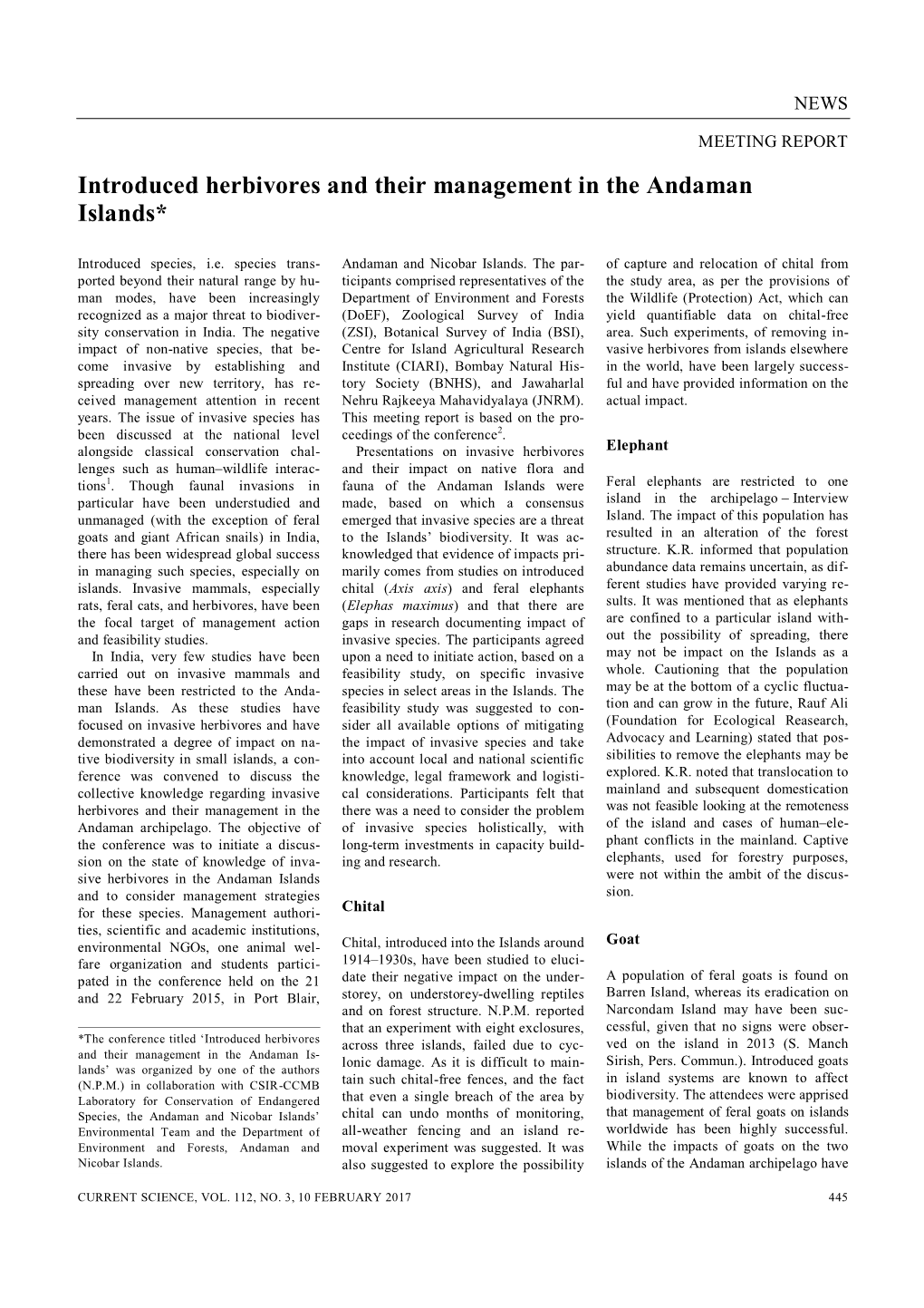 Introduced Herbivores and Their Management in the Andaman Islands*