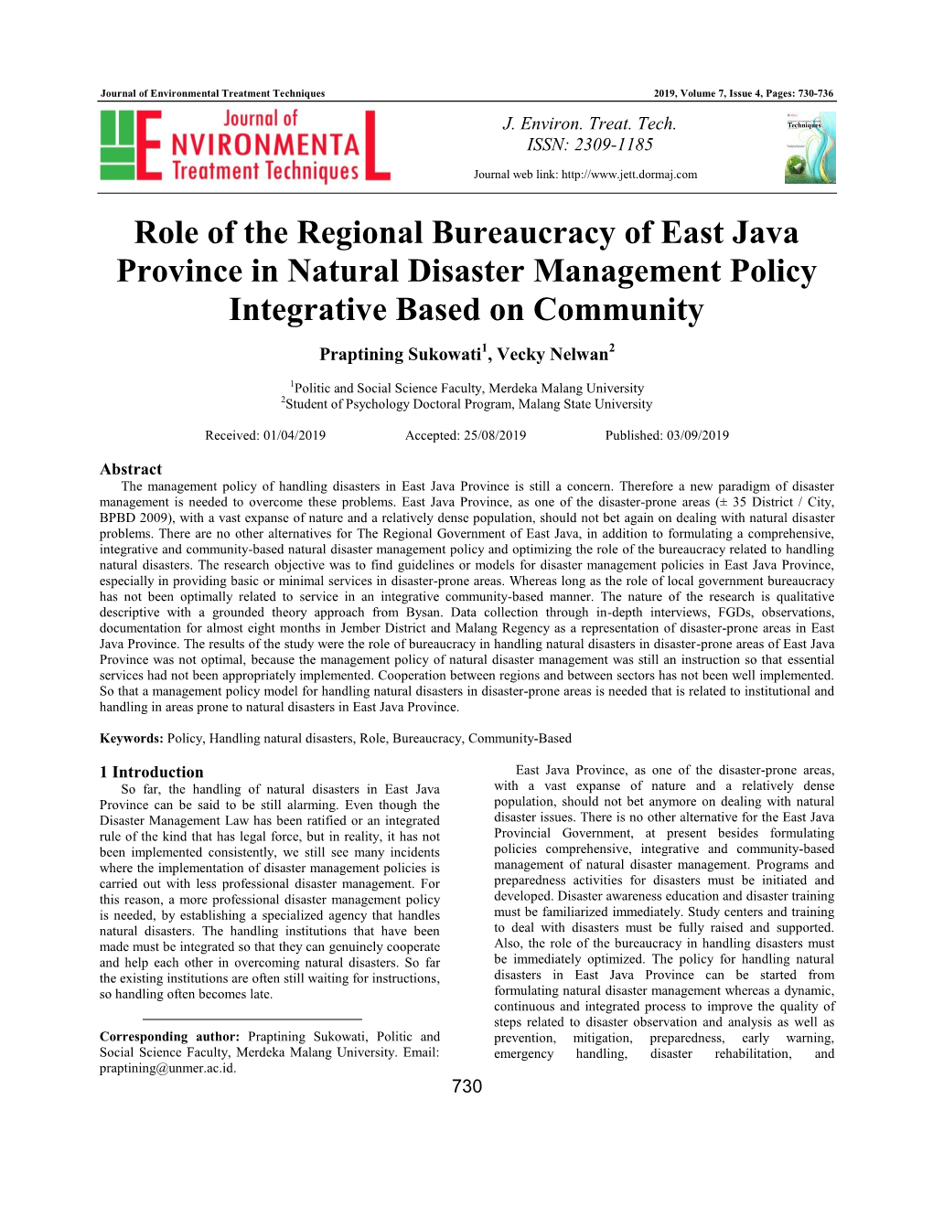 Role of the Regional Bureaucracy of East Java Province in Natural Disaster Management Policy Integrative Based on Community