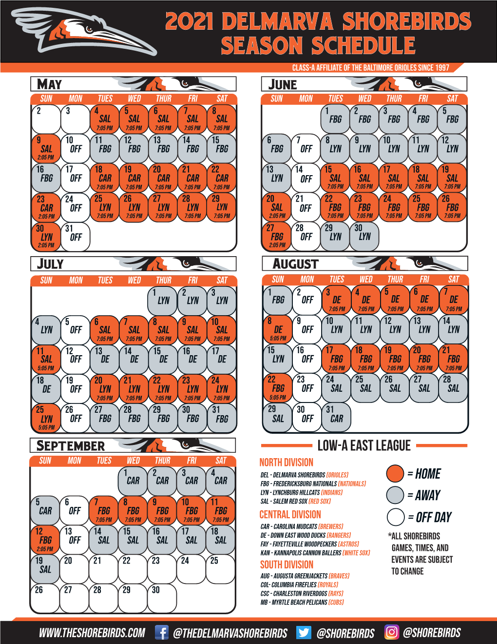 2021 Delmarva Shorebirds Season Schedule