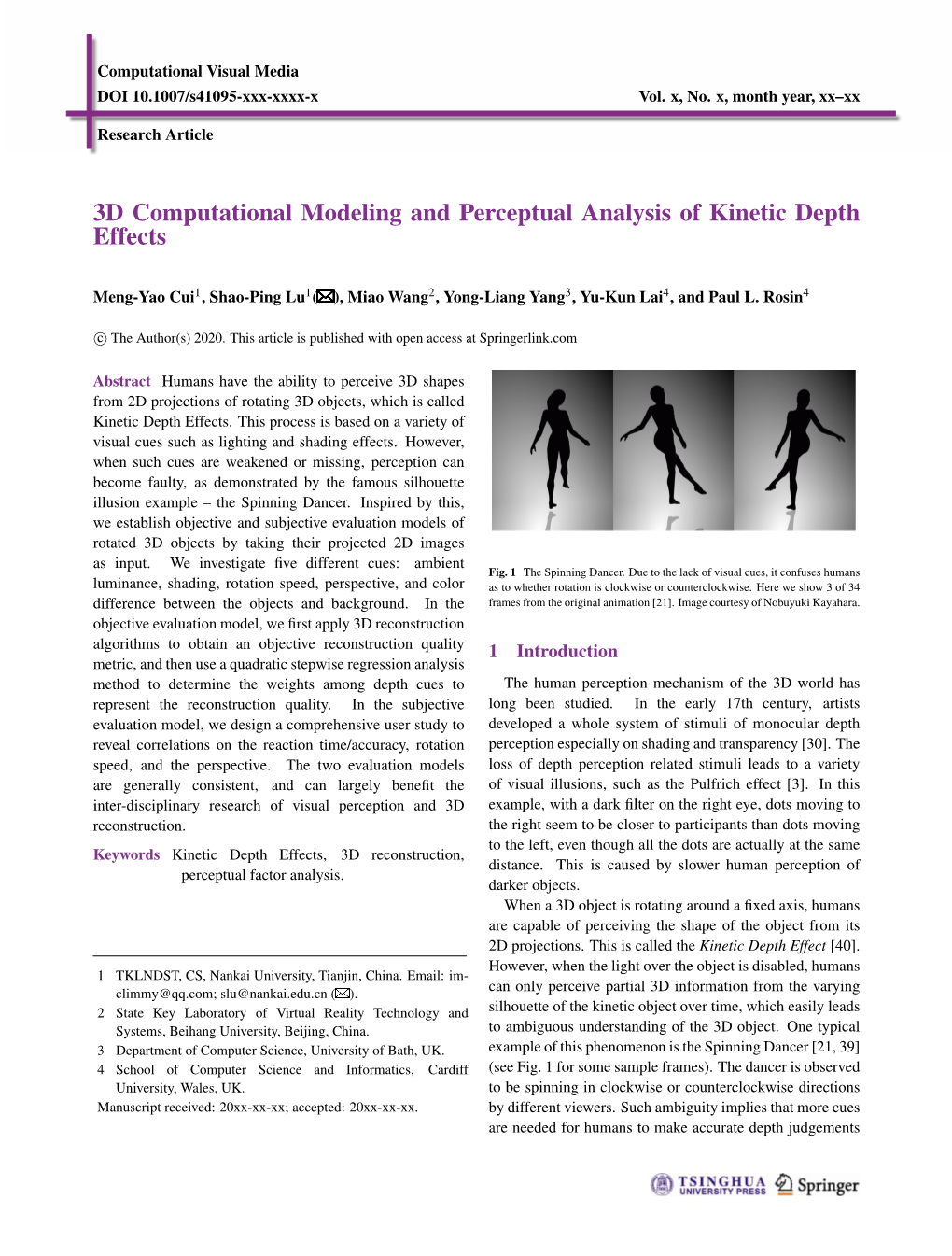 3D Computational Modeling and Perceptual Analysis of Kinetic Depth Effects