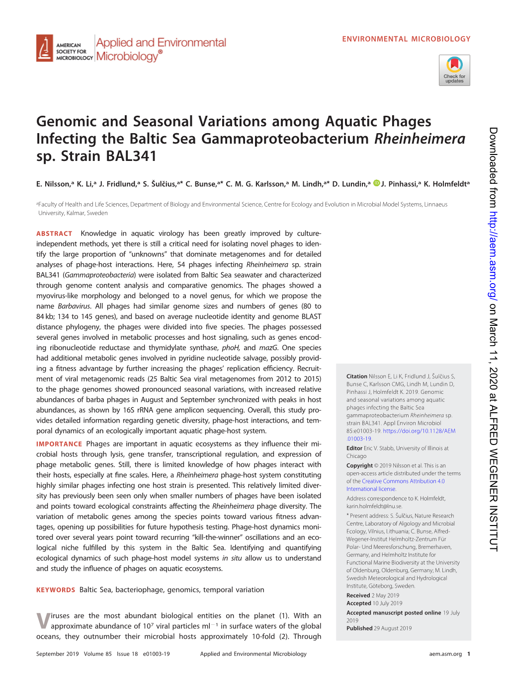 Genomic and Seasonal Variations Among Aquatic Phages Infecting