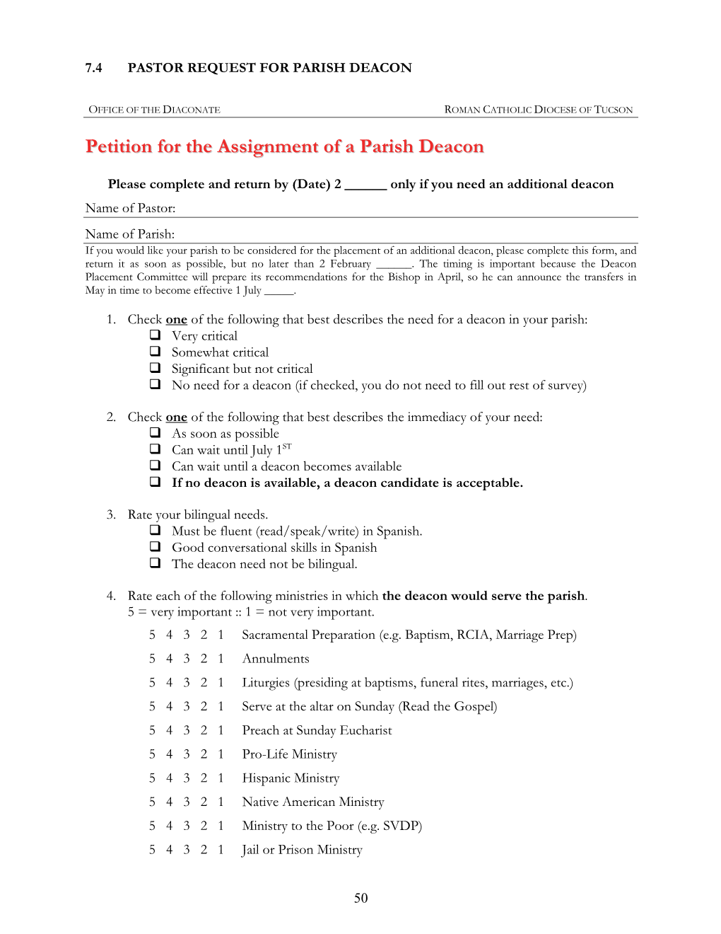 Petition for the Assignment of a Parish Deacon