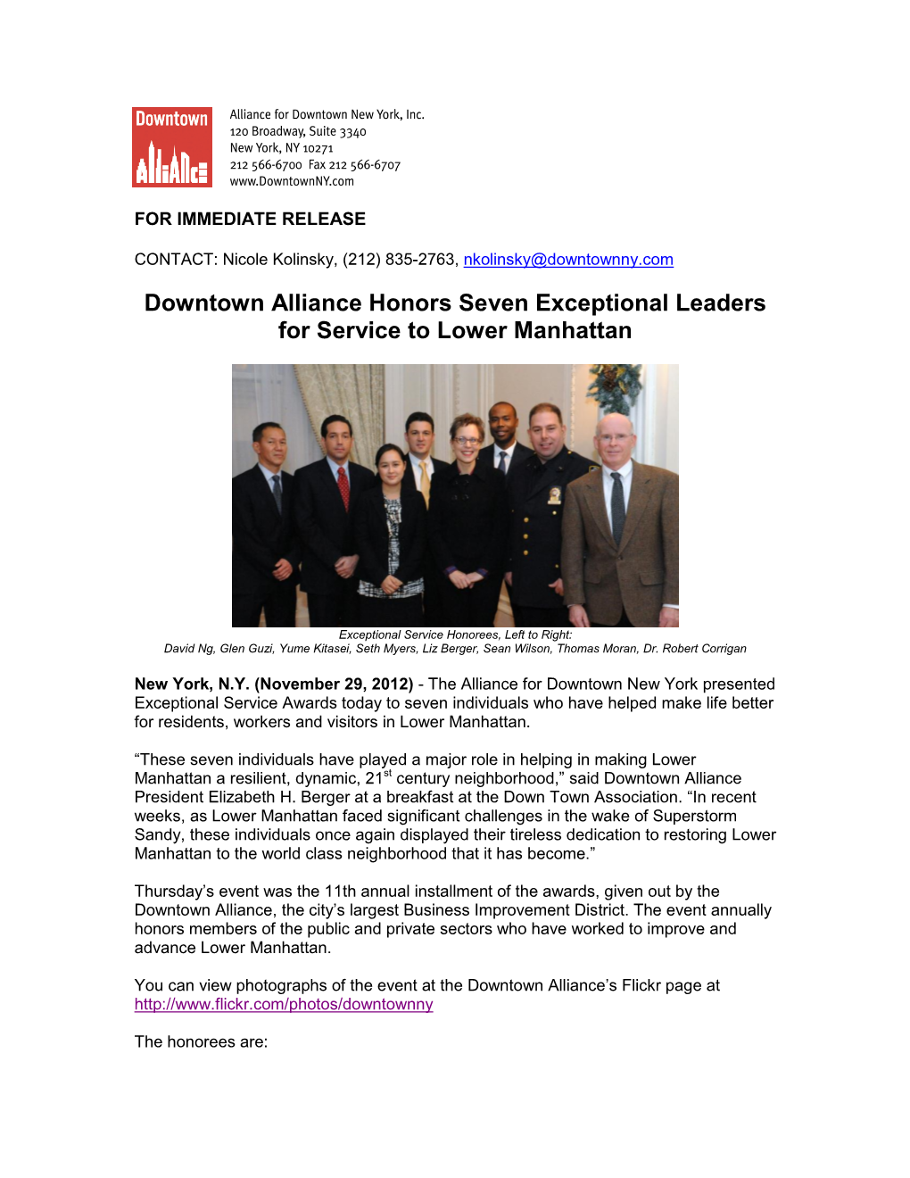 Downtown Alliance Honors Seven Exceptional Leaders for Service to Lower Manhattan