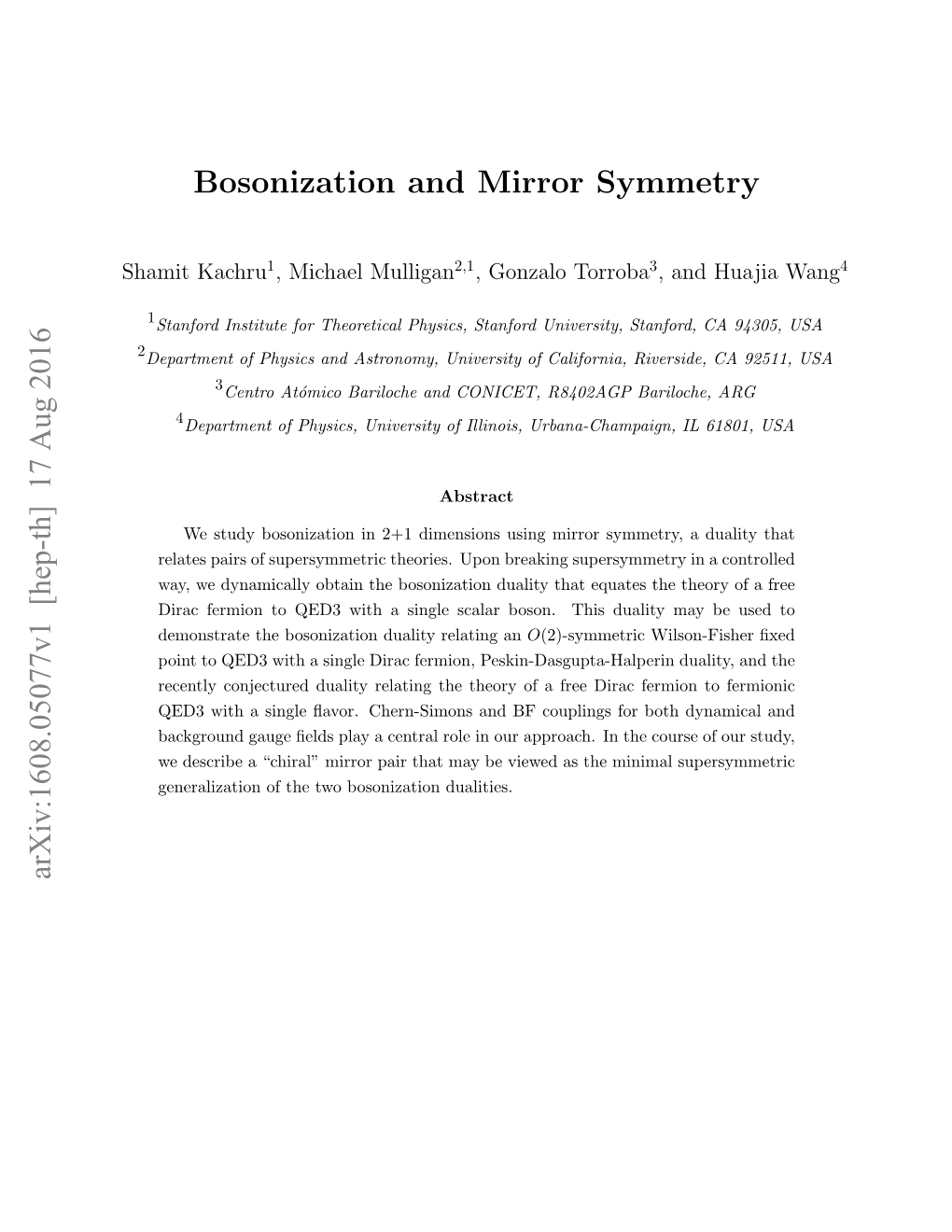 Bosonization and Mirror Symmetry Arxiv:1608.05077V1 [Hep-Th]