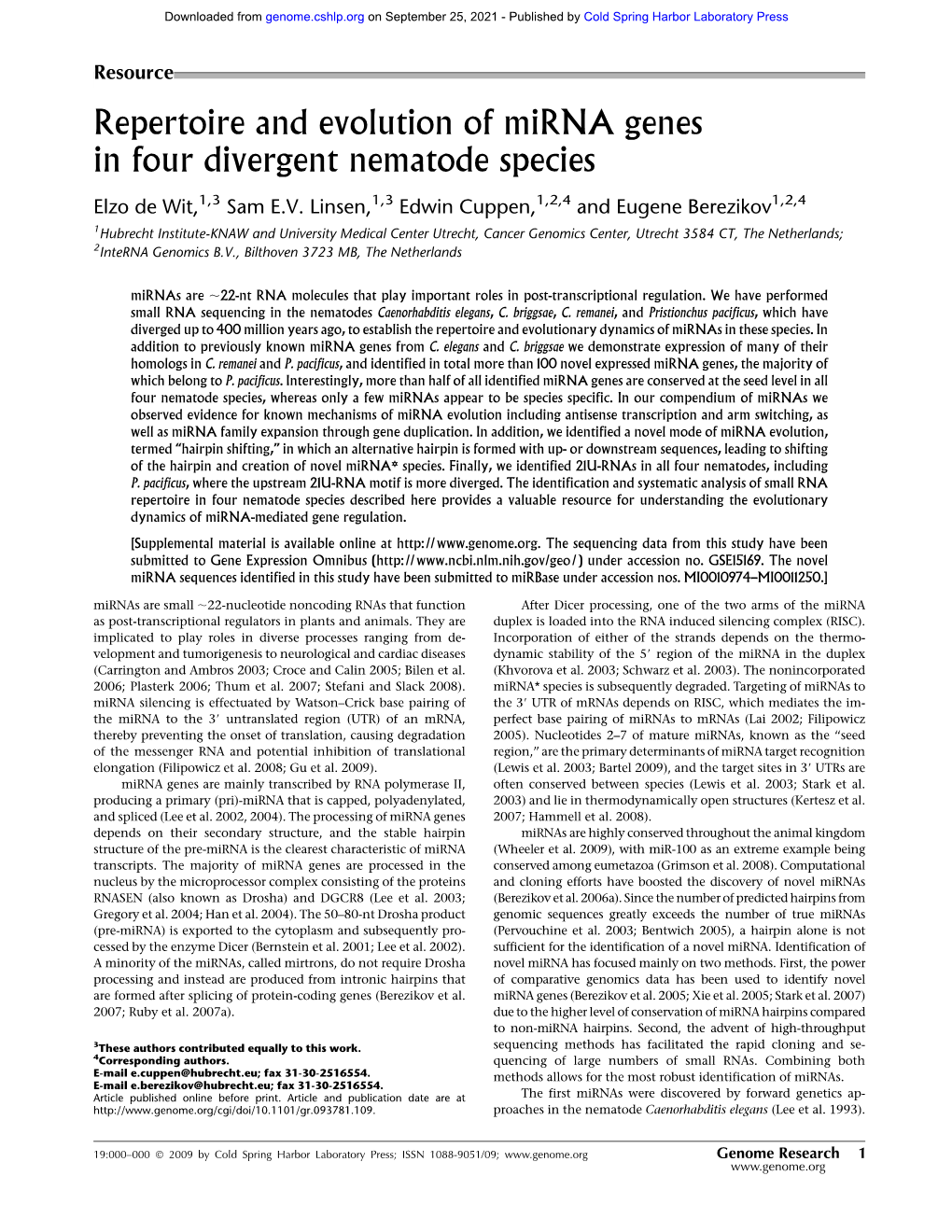 Repertoire and Evolution of Mirna Genes in Four Divergent Nematode Species