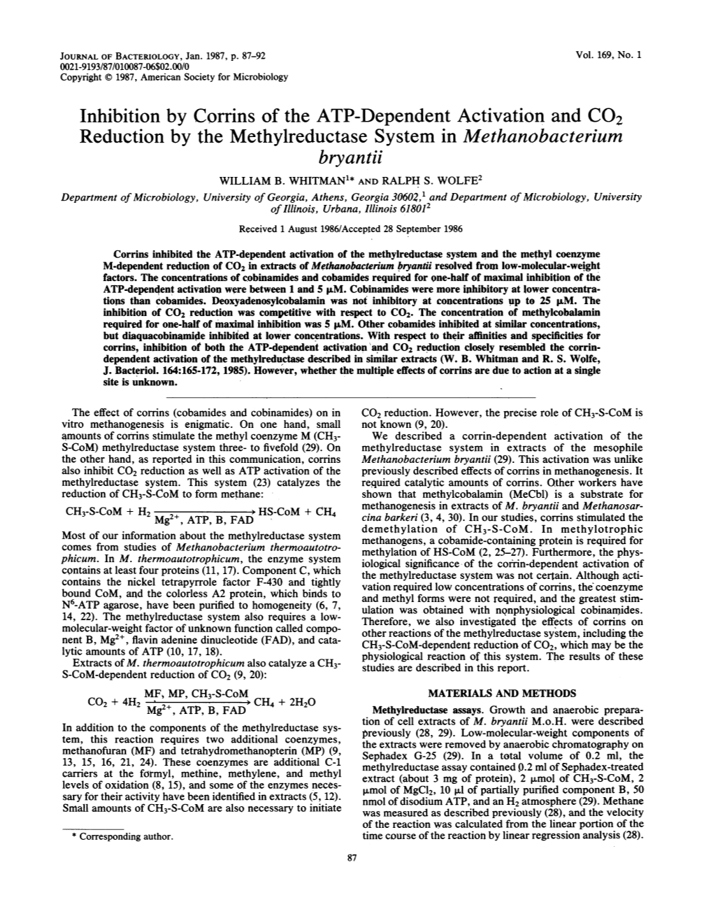 Reduction by the Methylreductase System in Methanobacterium Bryantii WILLIAM B