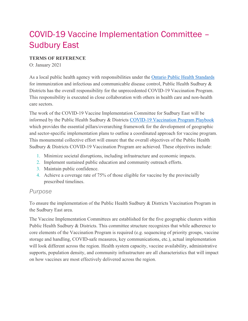 COVID-19 Vaccine Implementation Committee – Sudbury East