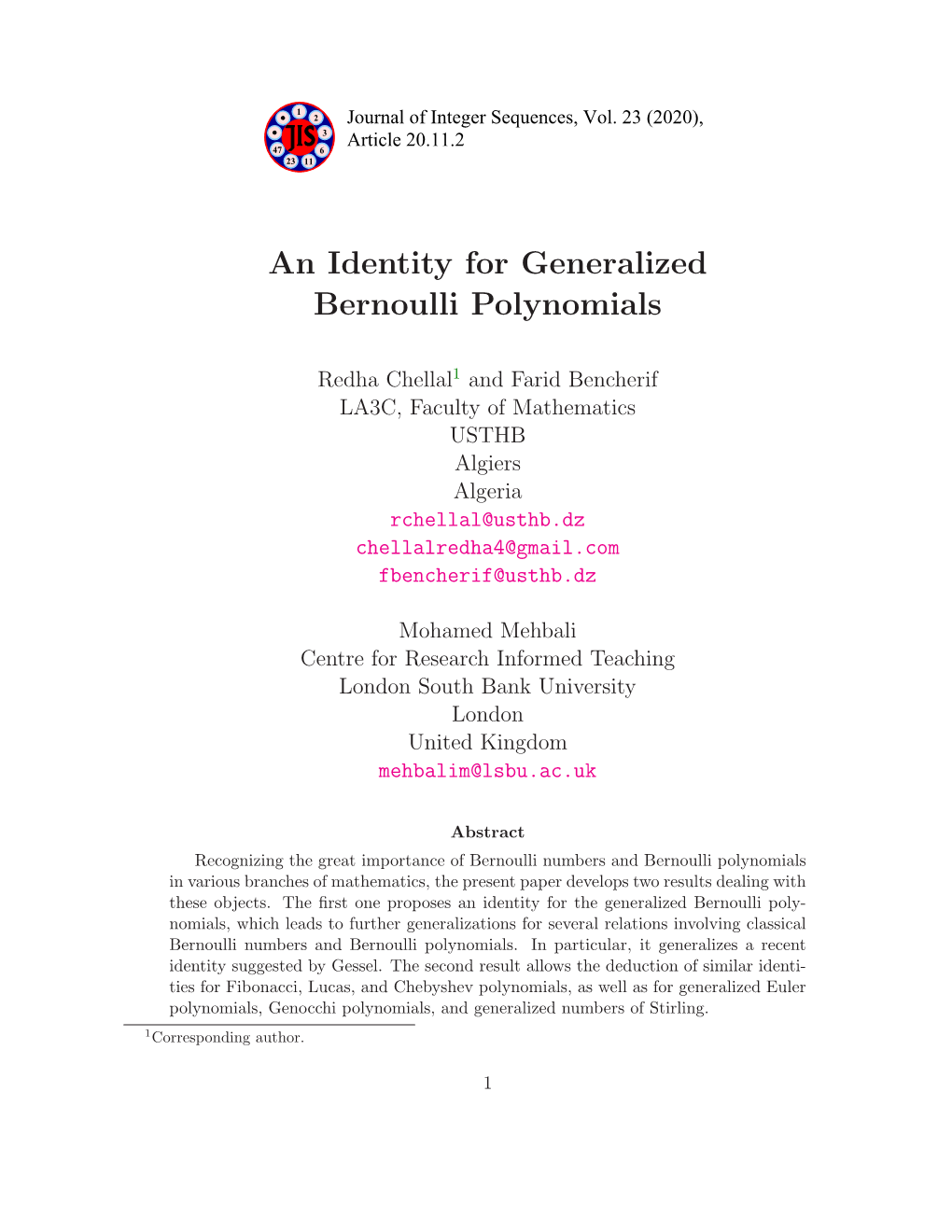 An Identity for Generalized Bernoulli Polynomials