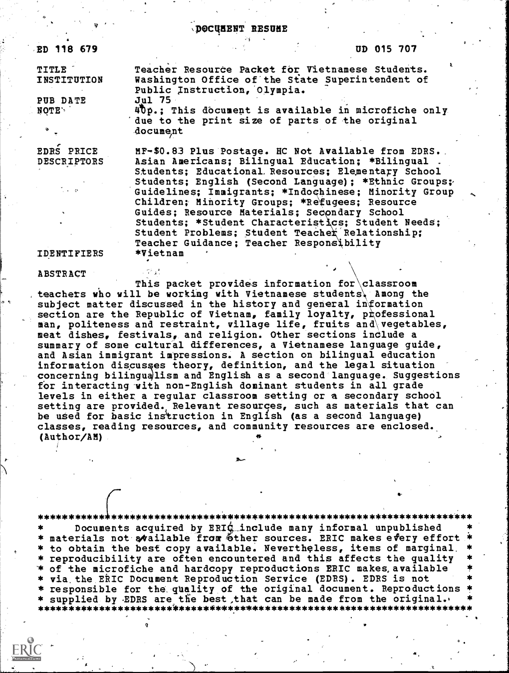 Teacher Resource Packet for Vietnamese Students. INSTITUTION Washington Office of the State Superintendent of Public Instruction, Olympia