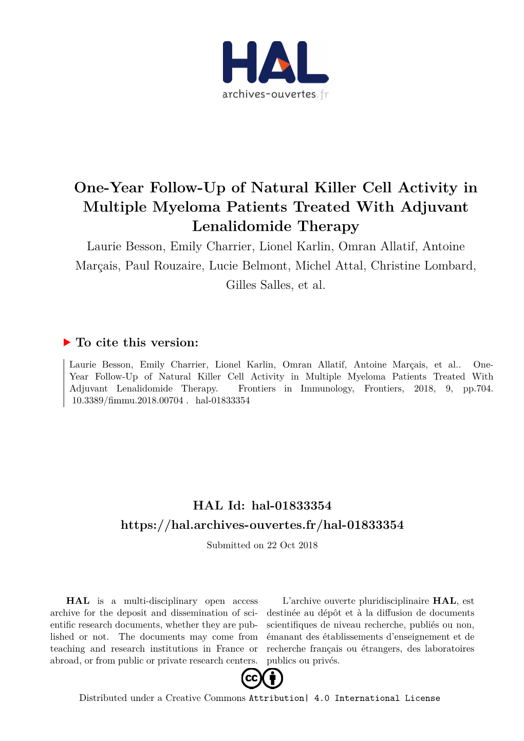 One-Year Follow-Up of Natural Killer Cell Activity in Multiple Myeloma