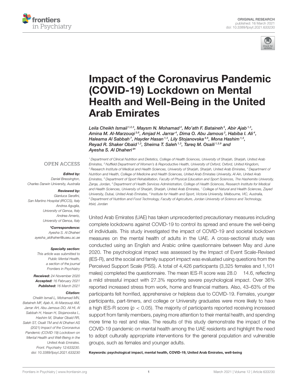 Impact of the Coronavirus Pandemic (COVID-19) Lockdown on Mental Health and Well-Being in the United Arab Emirates