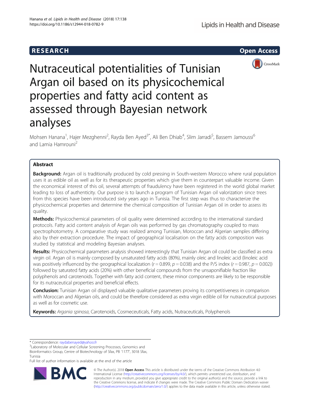 Nutraceutical Potentialities of Tunisian Argan Oil Based on Its