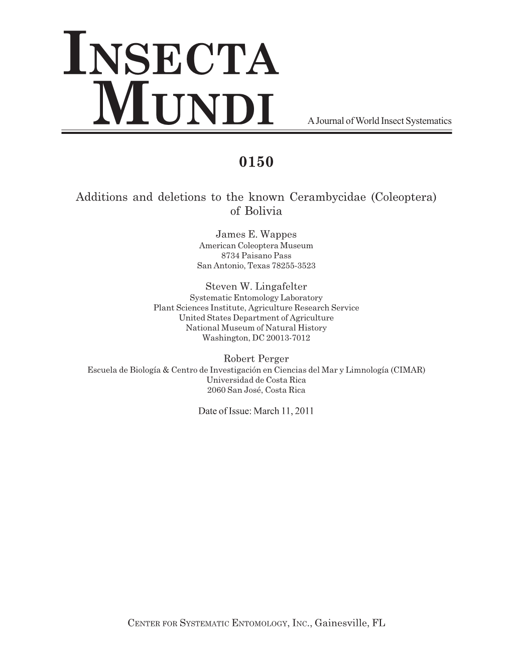 INSECTA MUNDI a Journal of World Insect Systematics