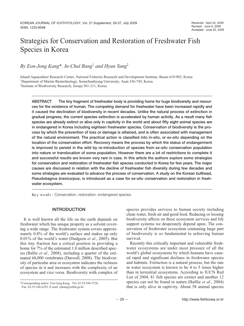 Strategies for Conservation and Restoration of Freshwater Fish Species in Korea