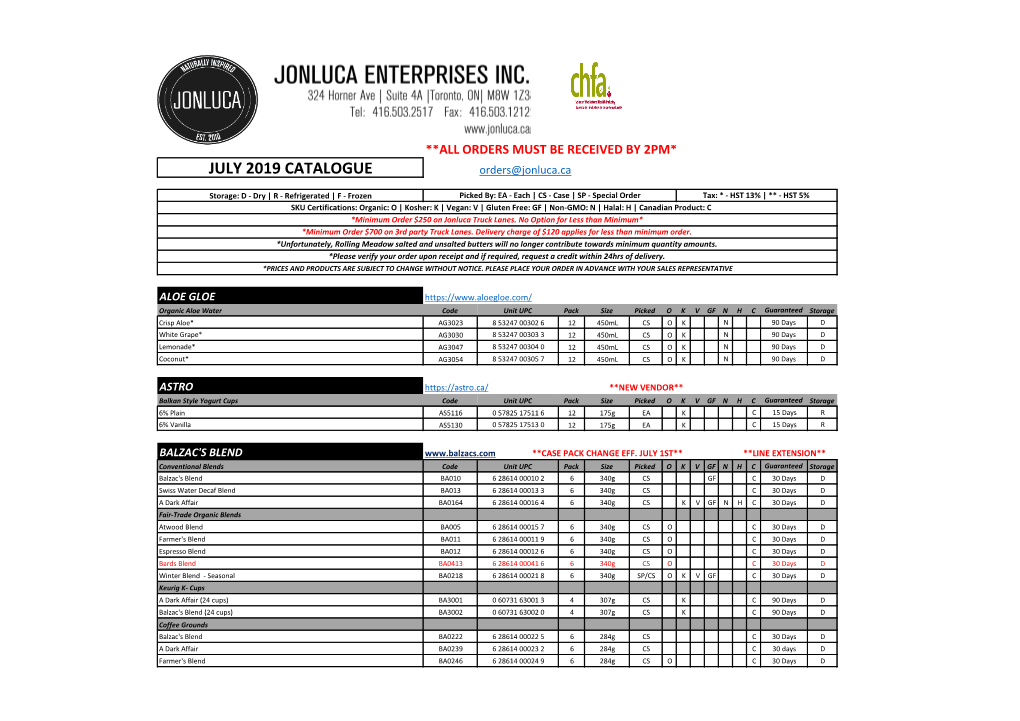 JULY 2019 CATALOGUE Orders@Jonluca.Ca