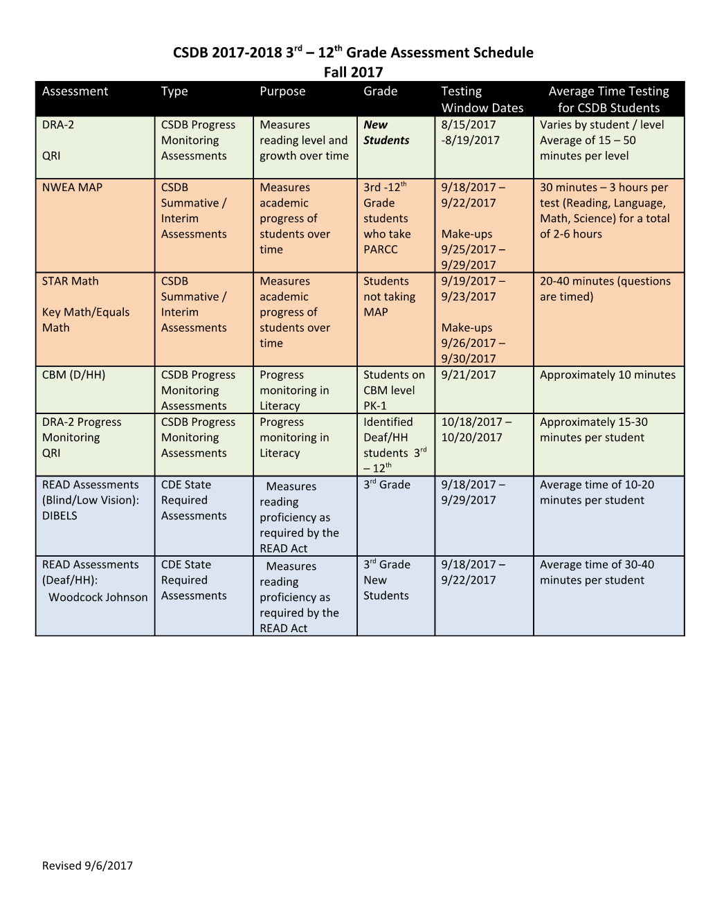 CSDB 2017-2018 3Rd 12Th Grade Assessment Schedule