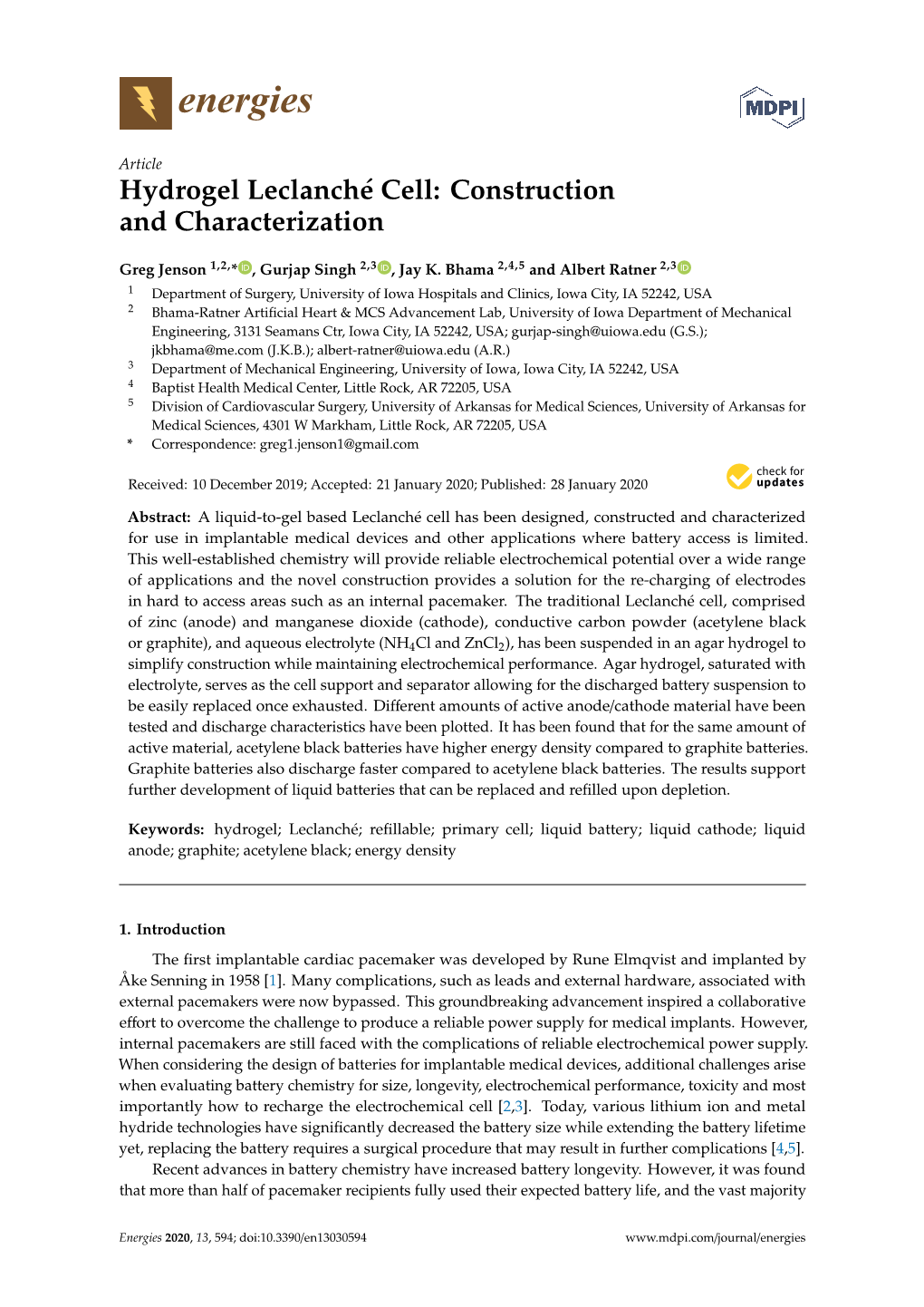 Hydrogel Leclanché Cell: Construction and Characterization