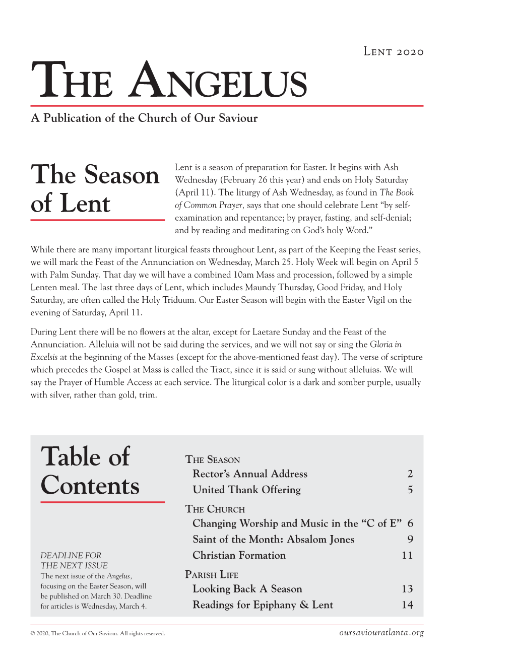 Lent 2020 the Angelus a Publication of the Church of Our Saviour