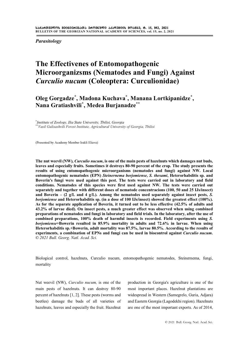 Nematodes and Fungi) Against Curculio Nucum (Coleoptera: Curculionidae)