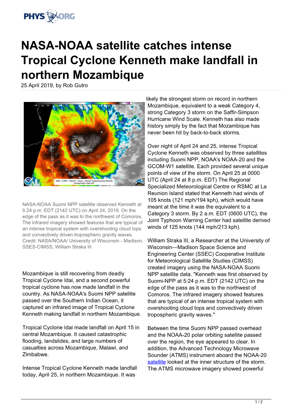 NASA-NOAA Satellite Catches Intense Tropical Cyclone Kenneth Make Landfall in Northern Mozambique 25 April 2019, by Rob Gutro