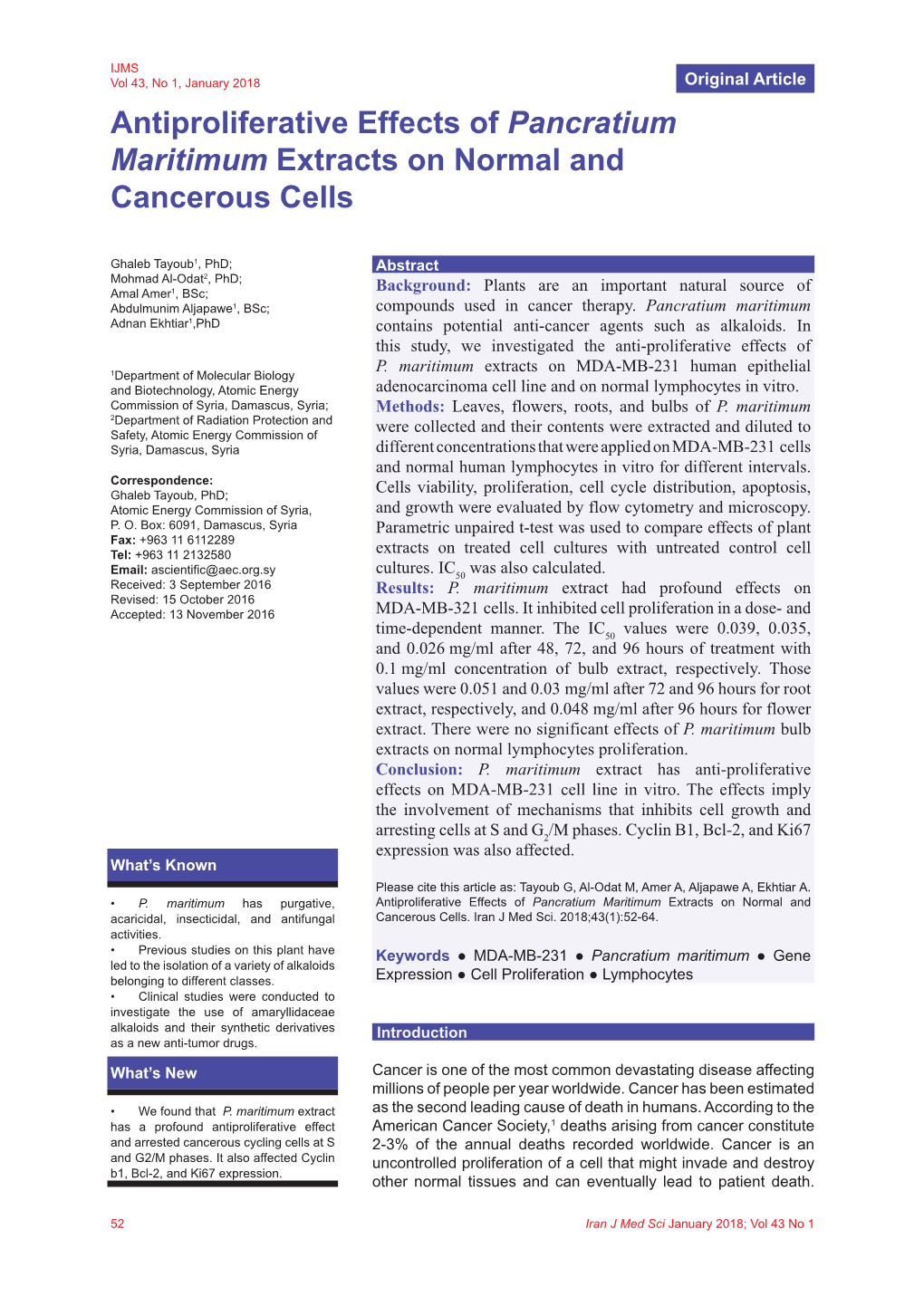 Antiproliferative Effects of Pancratium Maritimum Extracts on Normal and Cancerous Cells