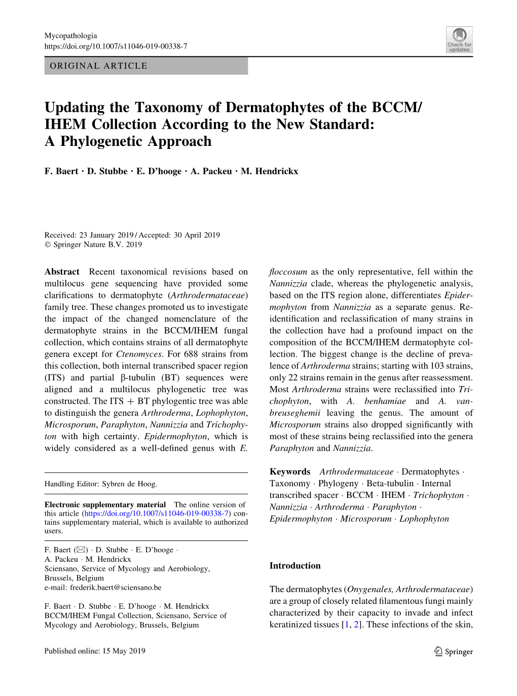 Updating the Taxonomy of Dermatophytes of the BCCM/ IHEM Collection According to the New Standard: a Phylogenetic Approach