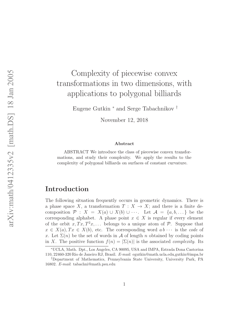 [Math.DS] 18 Jan 2005 Complexity of Piecewise Convex Transformations