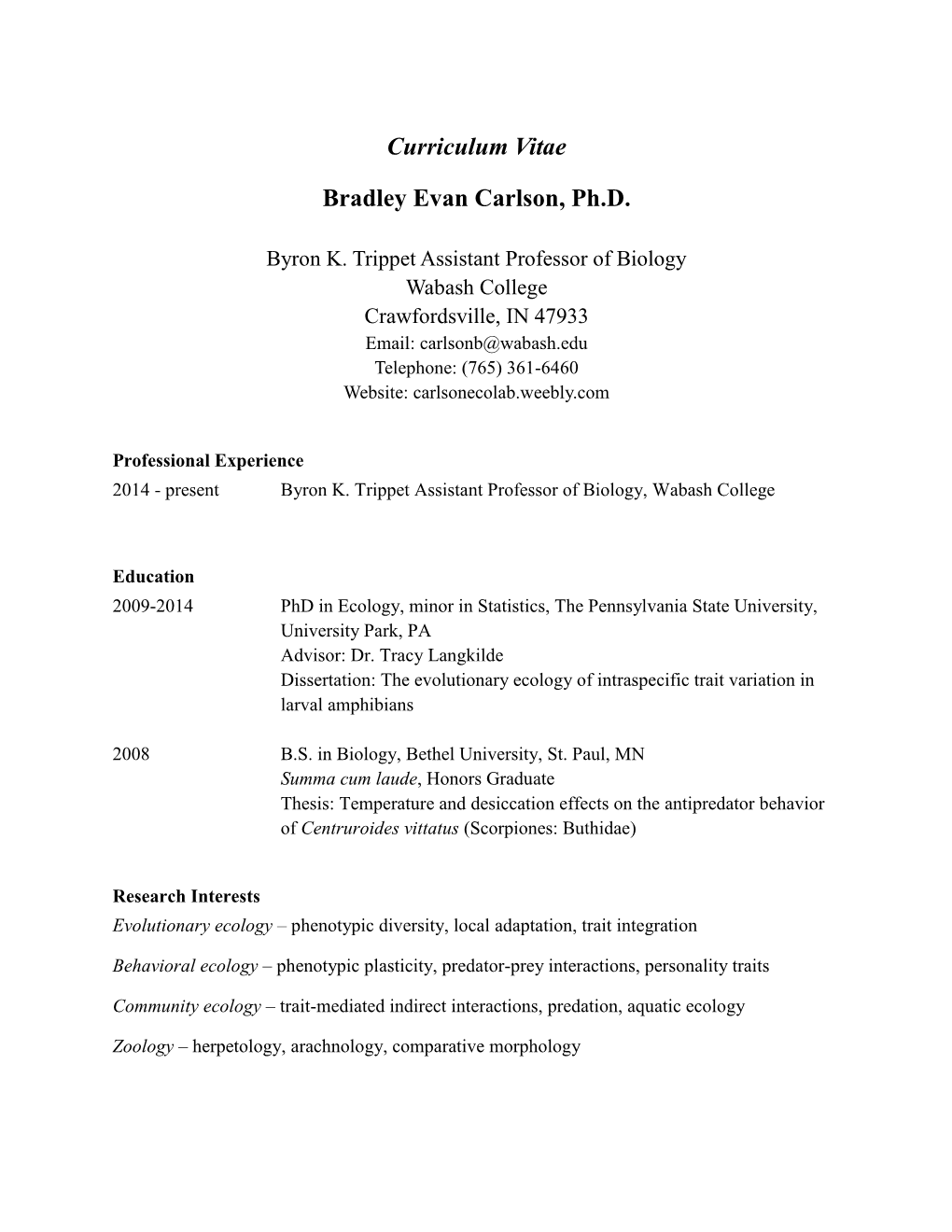 Curriculum Vitae Bradley Evan Carlson, Ph.D