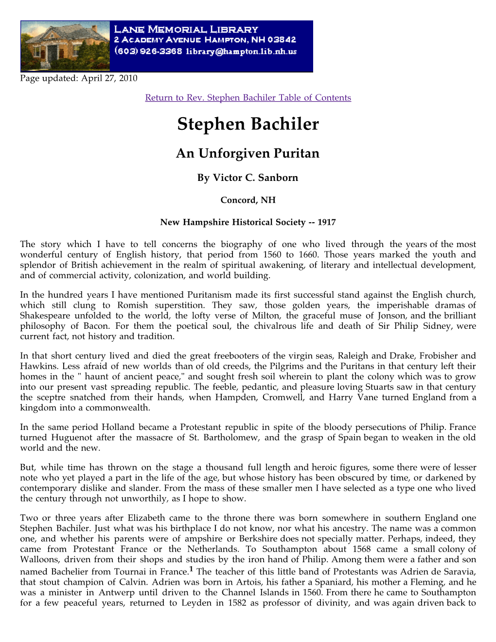 Biography of Rev. Stephen Bachiler