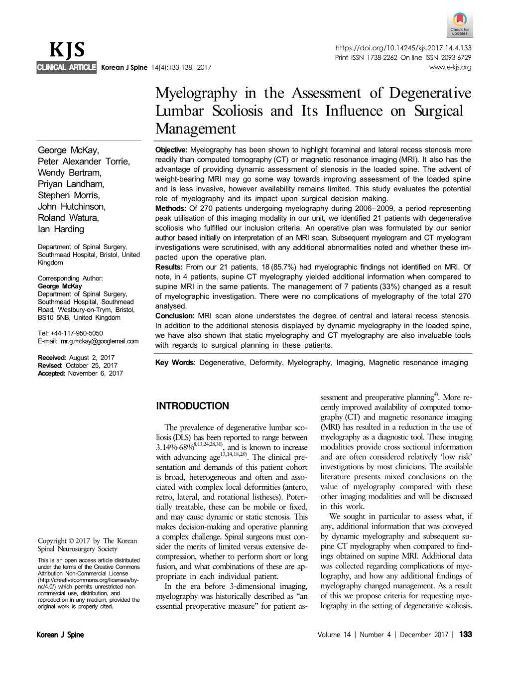 Myelography in the Assessment of Degenerative Lumbar Scoliosis And