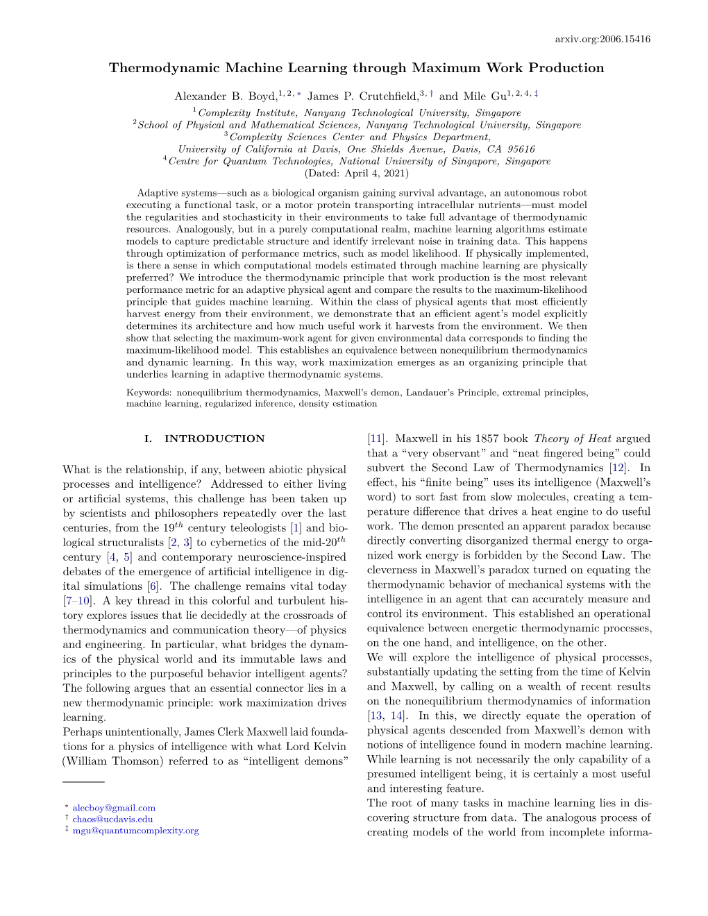 Thermodynamic Machine Learning Through Maximum Work Production