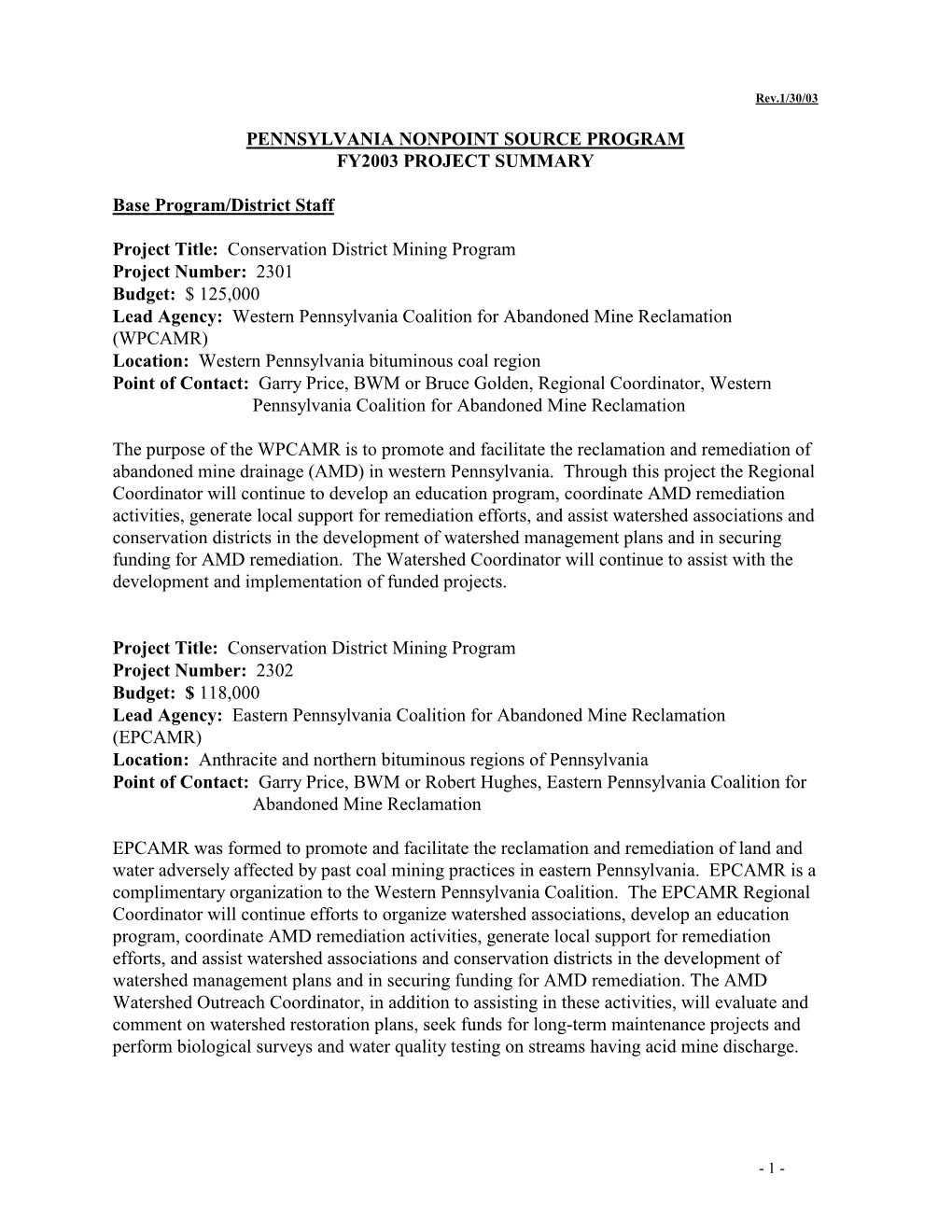 Pennsylvania Nonpoint Source Program Fy2003 Project Summary