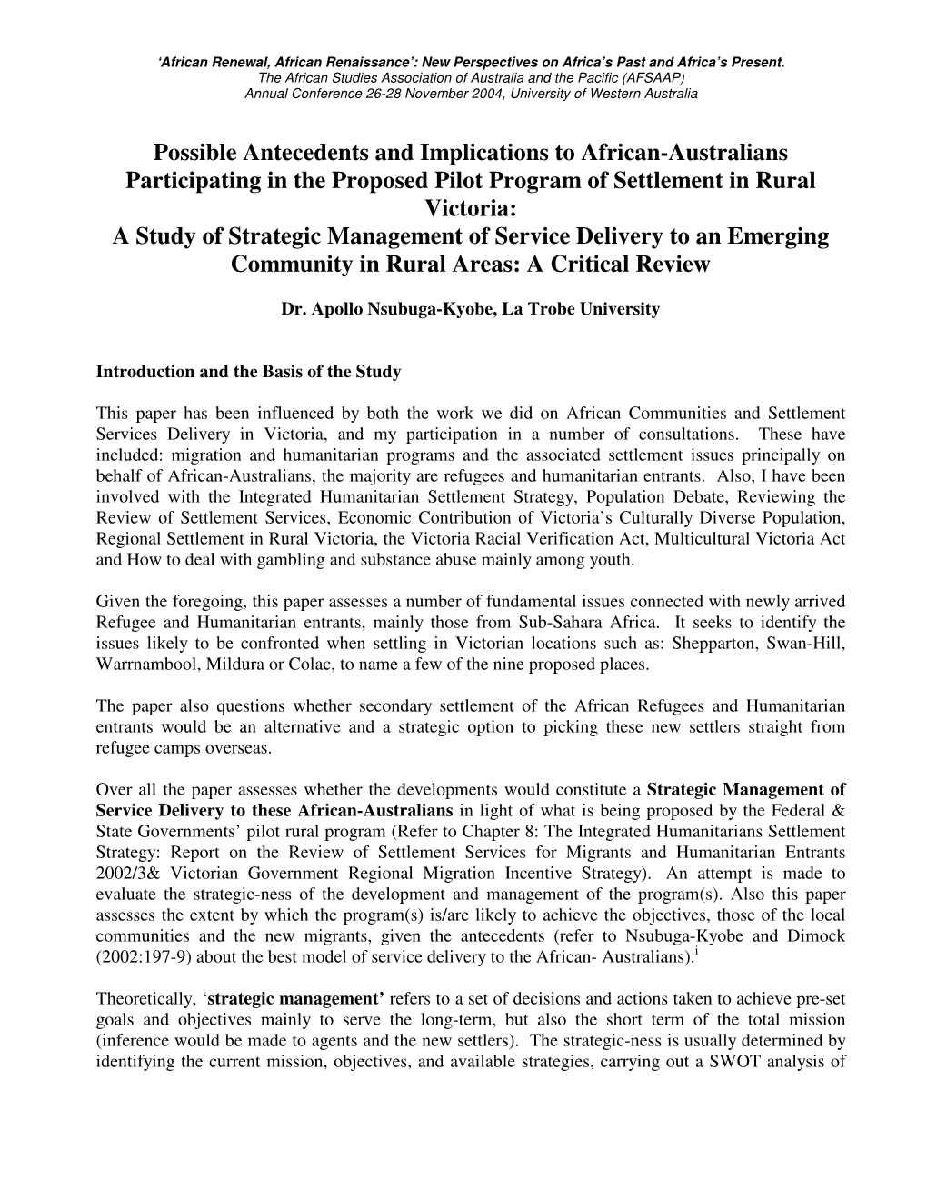 Possible Antecedents and Implications to African-Australians Participating in the Proposed Pilot Program of Settlement in Rural