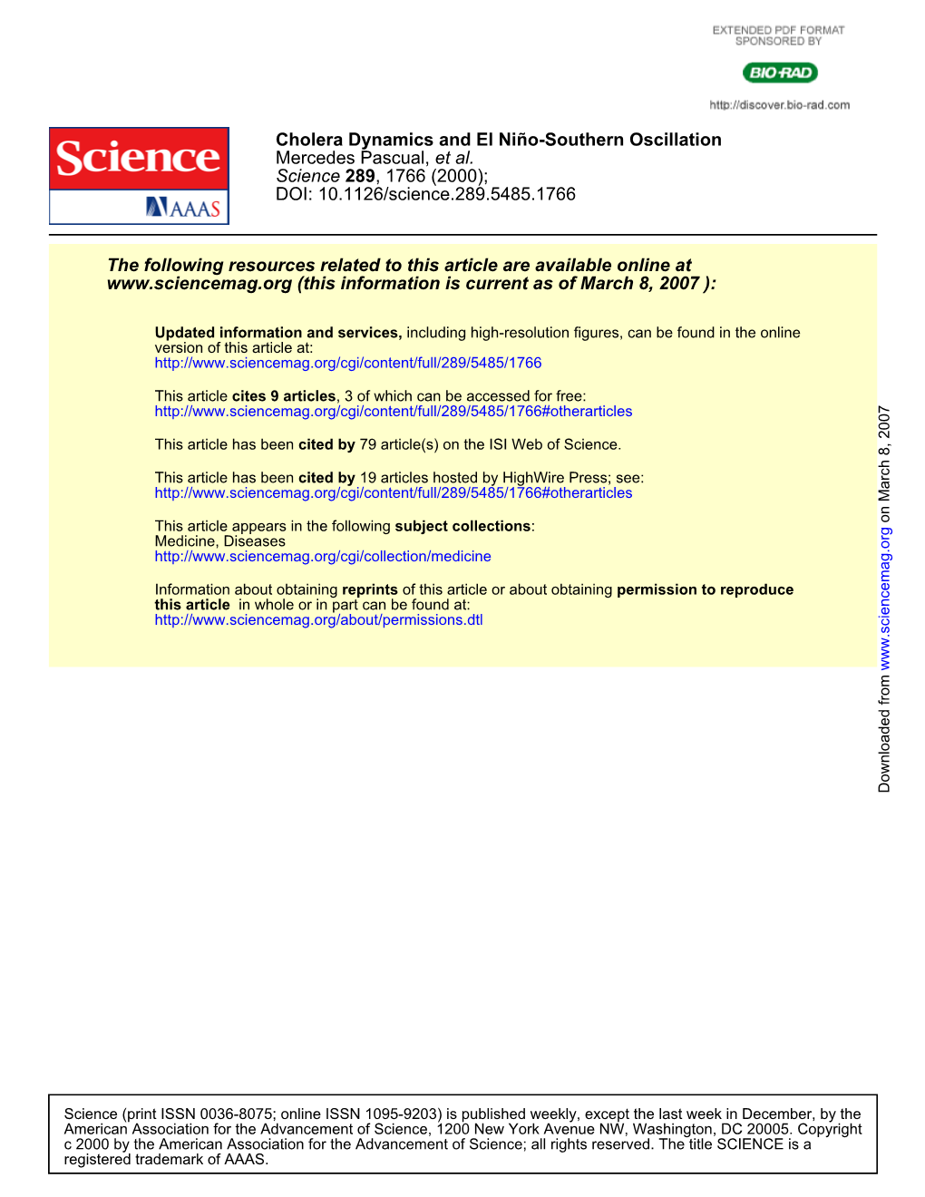 DOI: 10.1126/Science.289.5485.1766 , 1766 (2000); 289 Science Et Al