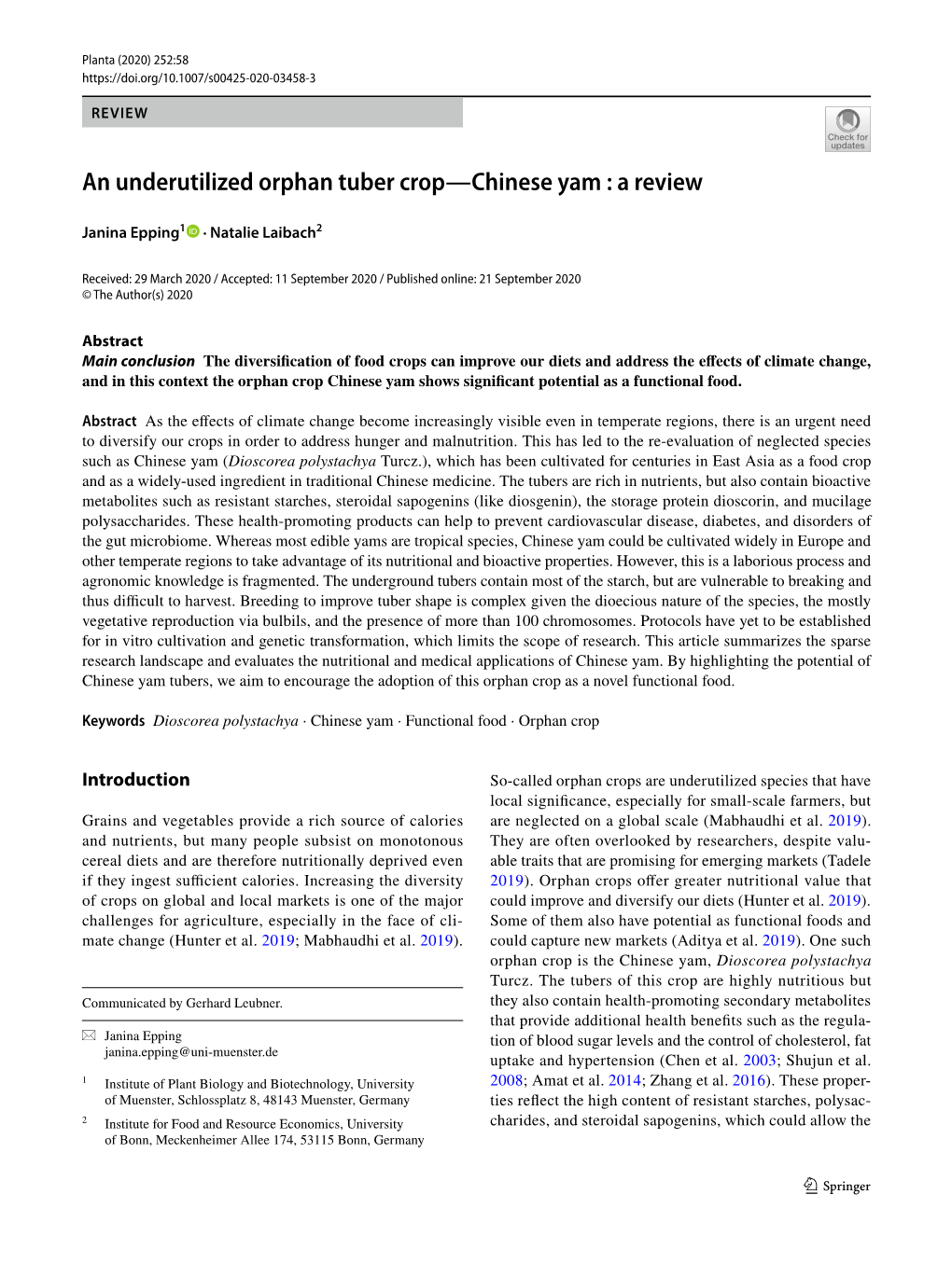 An Underutilized Orphan Tuber Crop—Chinese Yam : a Review