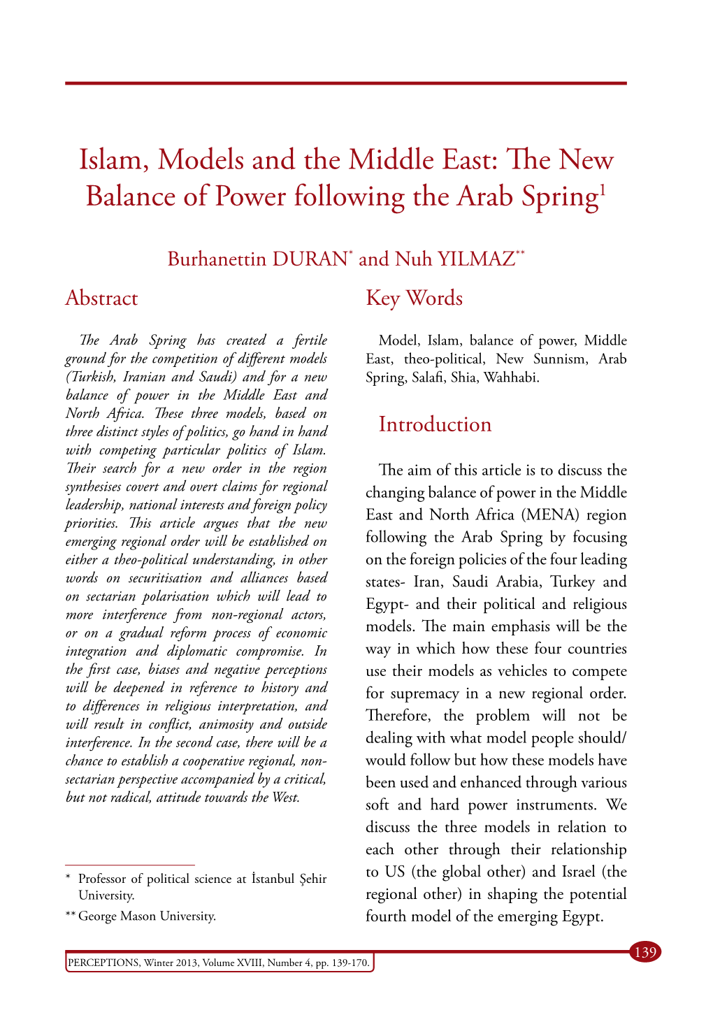 Islam, Models and the Middle East: the New Balance of Power Following the Arab Spring1