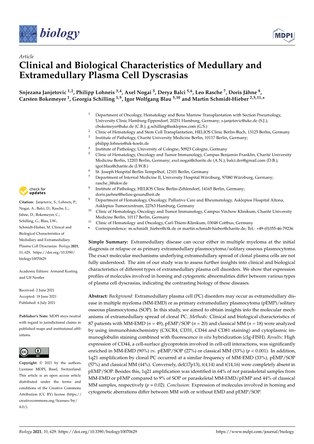 Clinical and Biological Characteristics of Medullary and Extramedullary Plasma Cell Dyscrasias