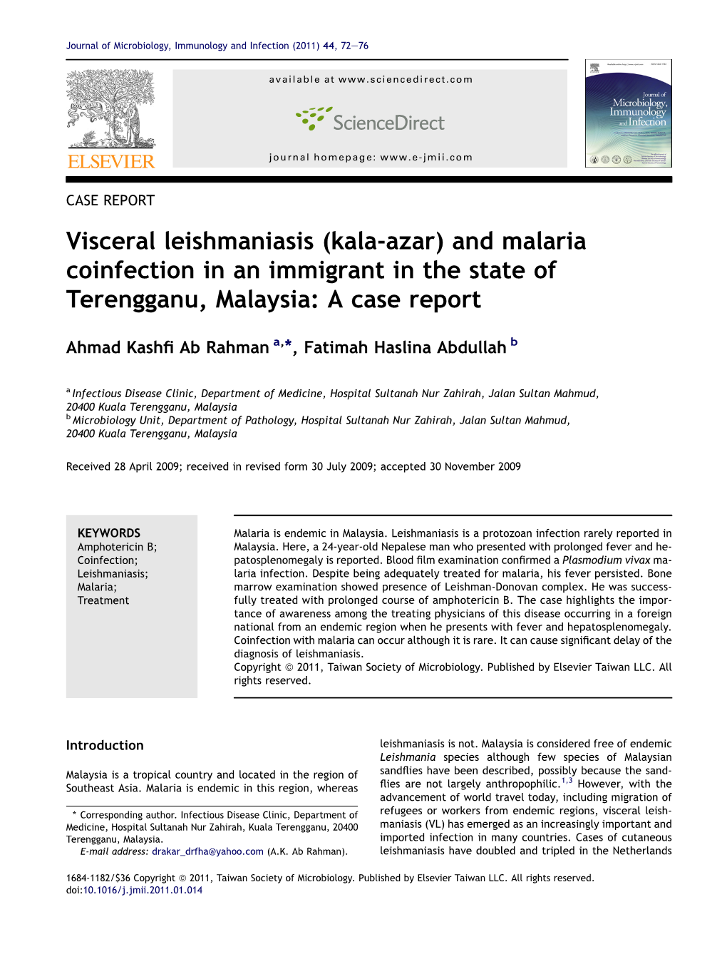 Visceral Leishmaniasis (Kala-Azar) and Malaria Coinfection in an Immigrant in the State of Terengganu, Malaysia: a Case Report