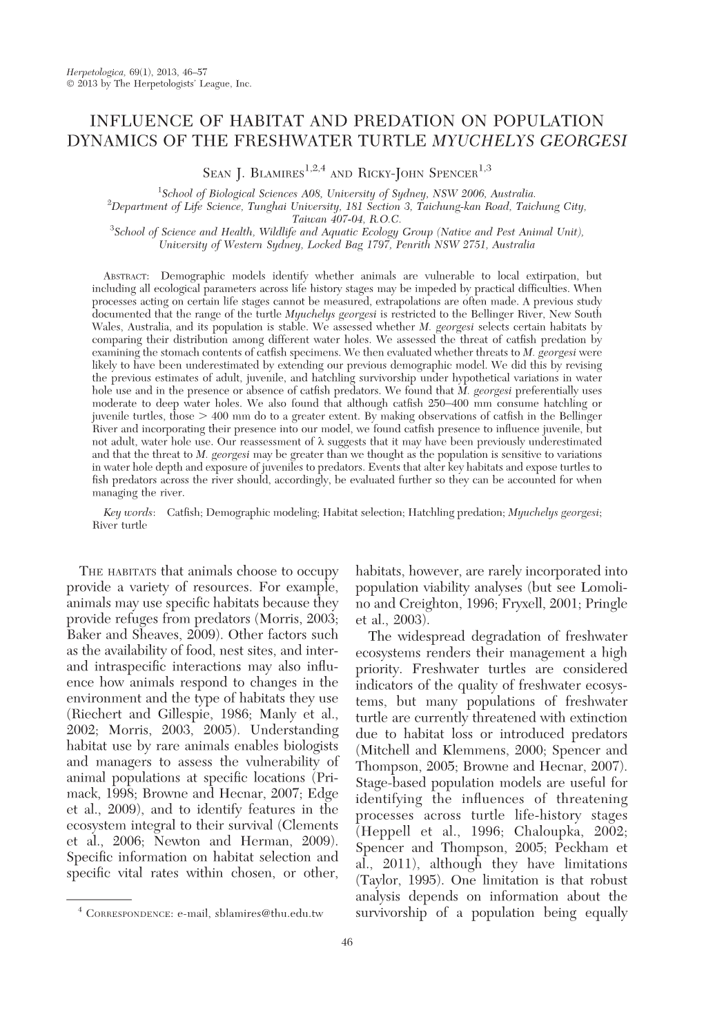 Influence of Habitat and Predation on Population Dynamics of the Freshwater Turtle Myuchelys Georgesi