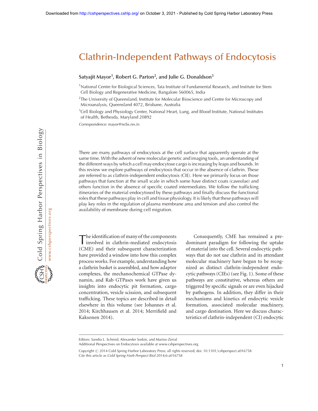 Clathrin-Independent Pathways of Endocytosis