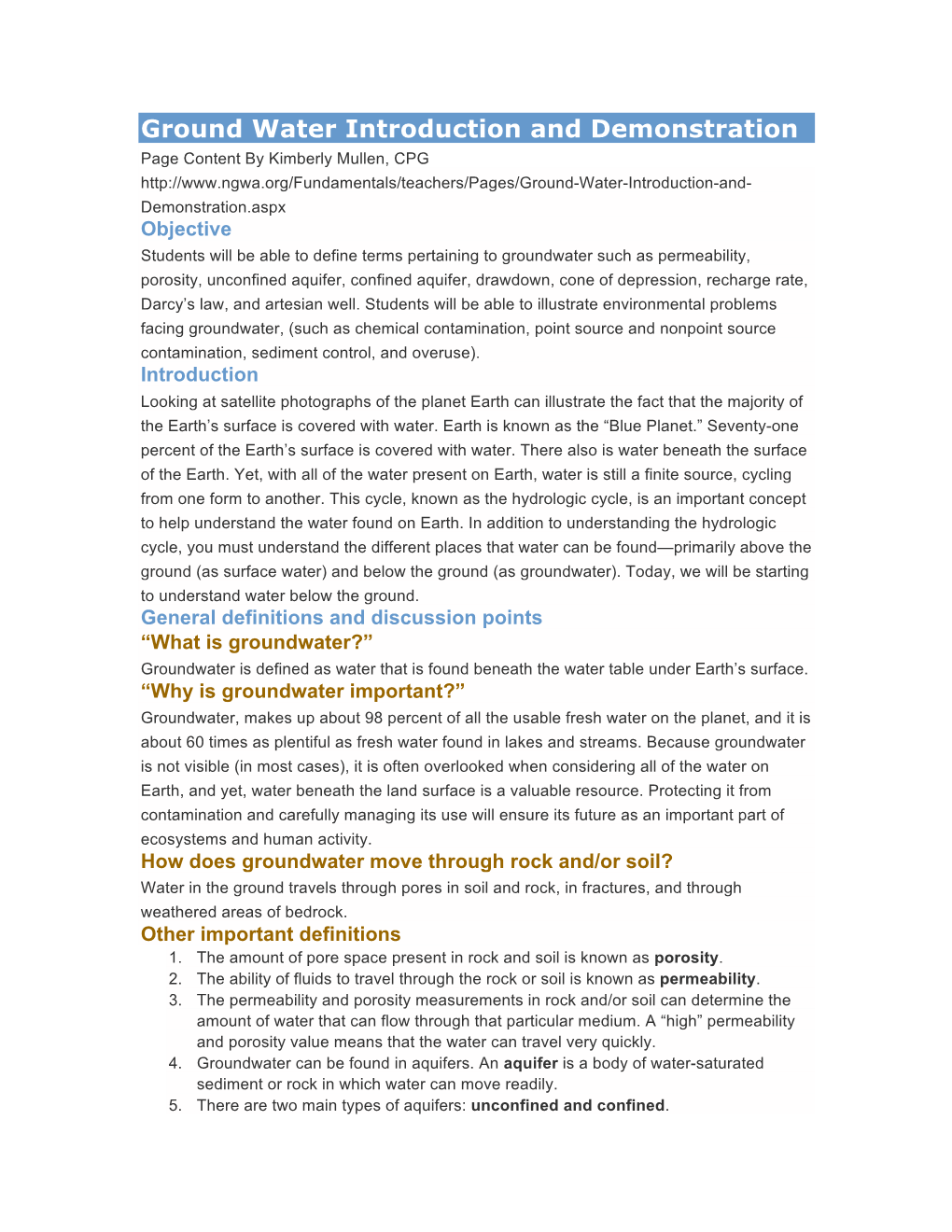 Ground Water Introduction and Demonstration